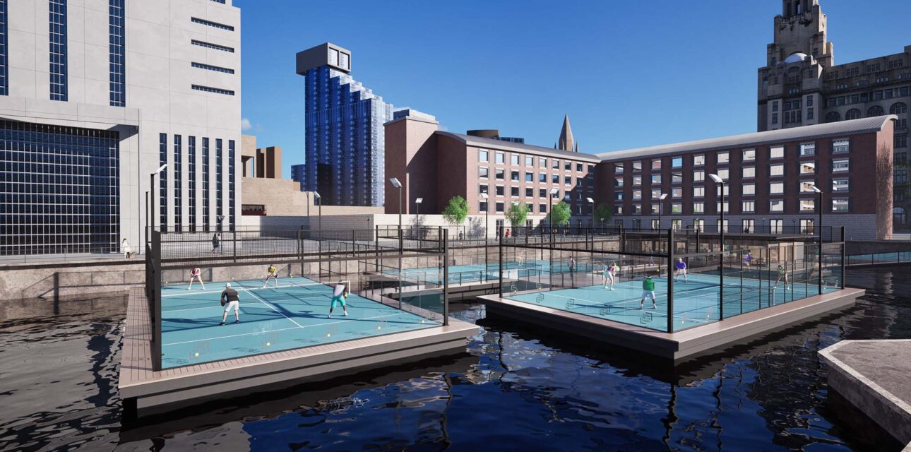 CGI of floating Padel facility at Liverpool Waters